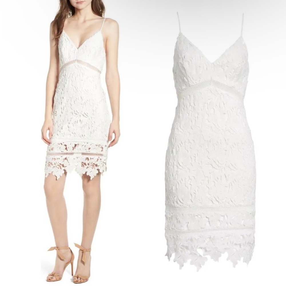 White lace overlay bodycon dress, bridal shower rehearsal dinner bride dress